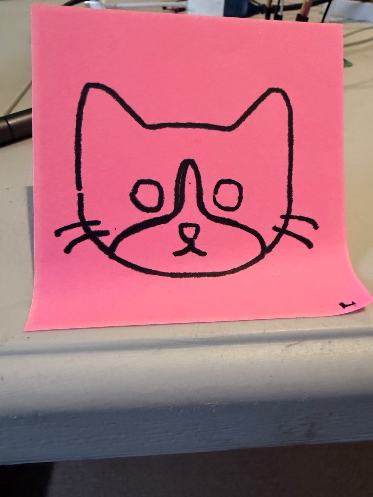 The cat face on the pad: round eyes, nose, whiskers