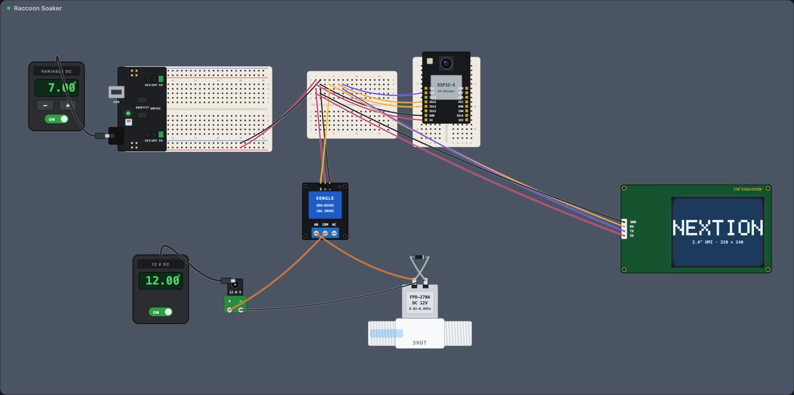 The Raccoon Soaker on Bench's canvas: the rig's power hub, a small hub breadboard, the ESP32-CAM, the relay, the 12 V adapter into a jack terminal, the valve with its diode, and the Nextion display