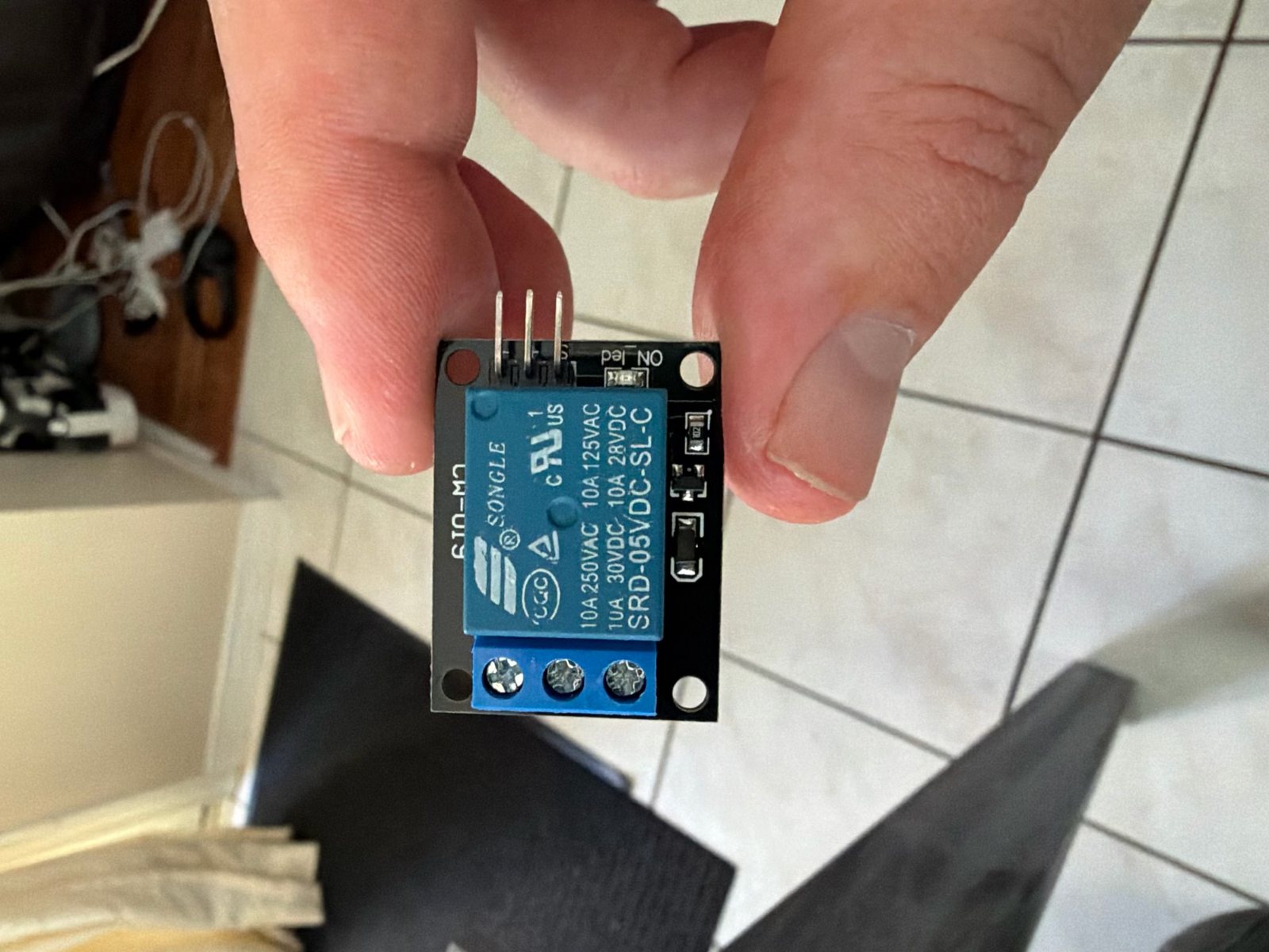 The relay module: a blue Songle relay on a black board, a 3-pin header and a blue screw terminal