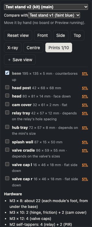 The Prints list for test stand v2: ten parts with their sizes and printing notes, a tick box and an STL link each, then the screws needed