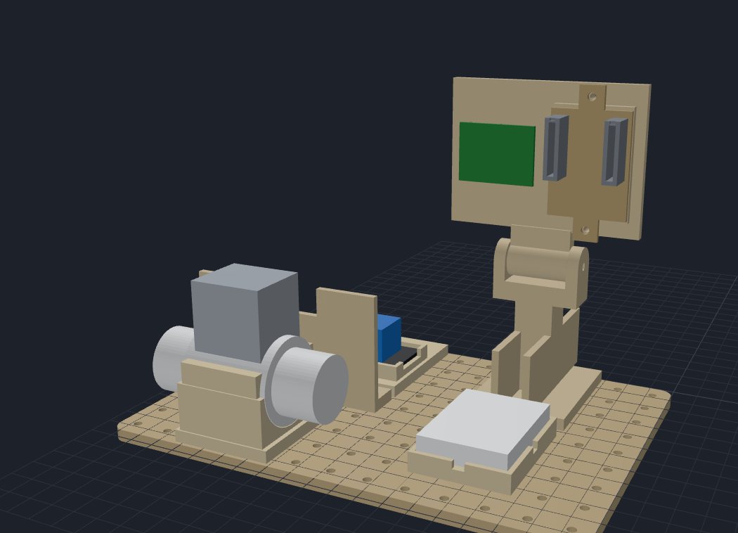 The v2 stand model: the valve resting in a low saddle with both threads clear, the relay tray behind a splash wall, the camera head on its hinge, and the hub breadboard's tray
