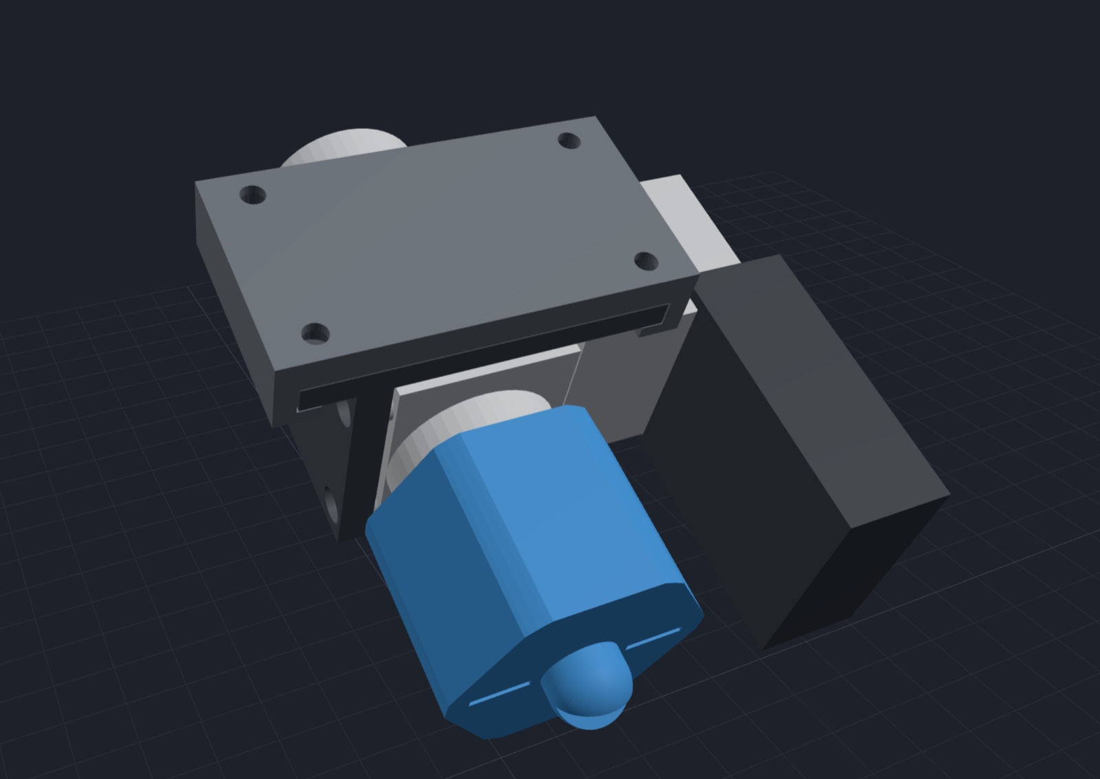 Only on the valve: the hanger plate on top, the valve's L-bracket under it, the valve lying on its side with its coil out to the right, and the blue fan nozzle