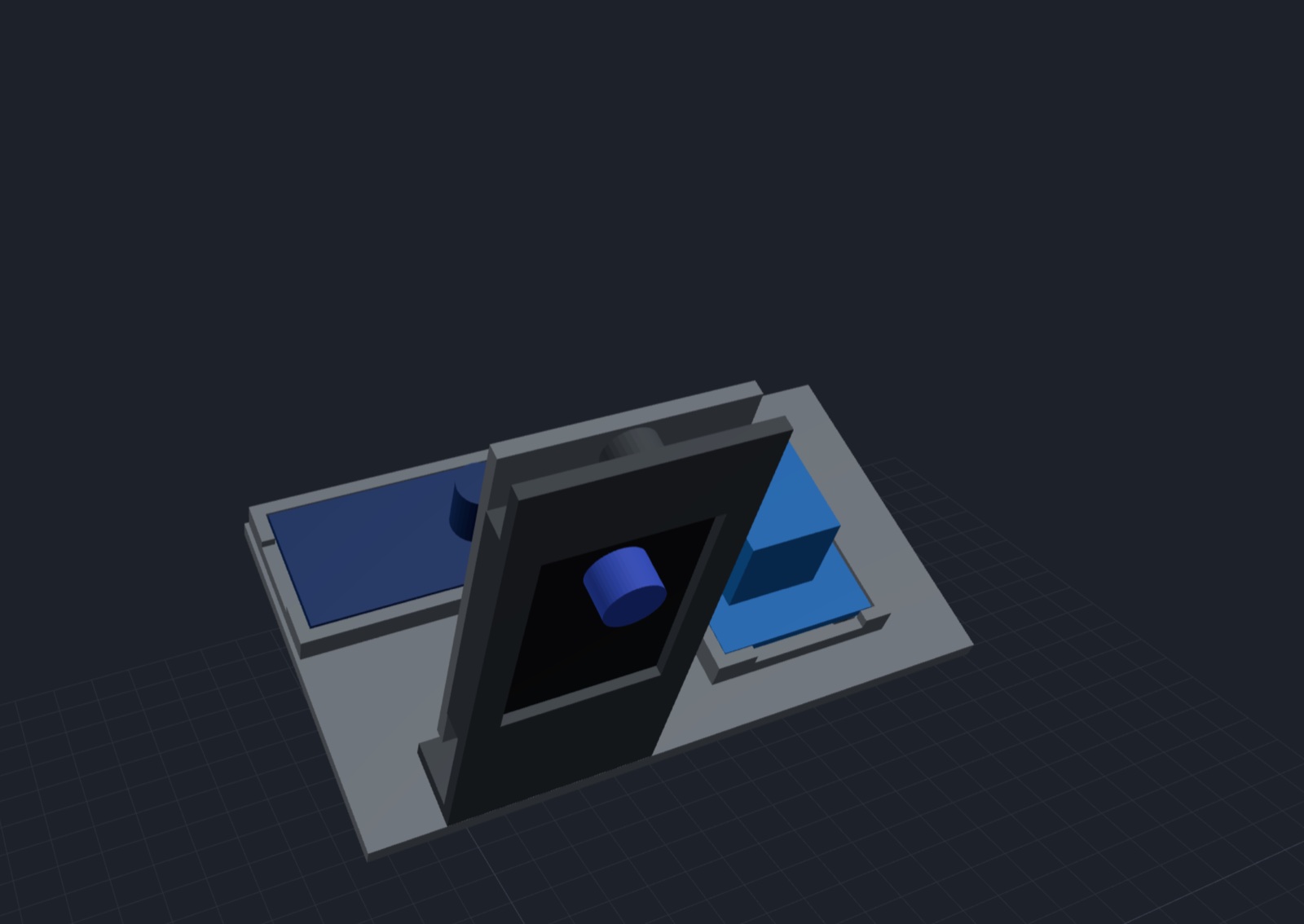 The electronics sled on its own: a flat plate with the relay on the right, the buck converter across the back, and the camera in its carrier standing at the front