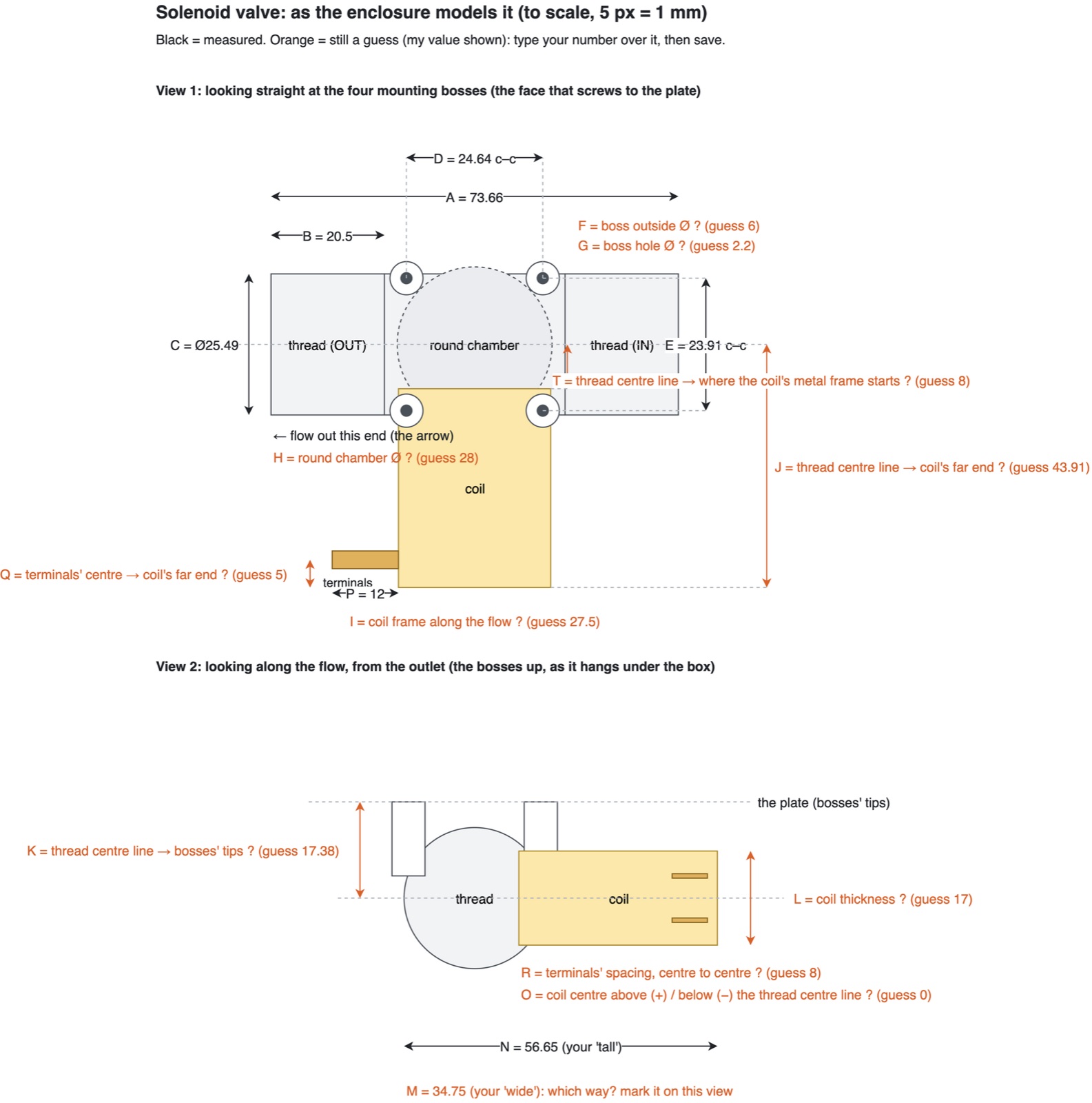The first sheet: two views with long orange labels and guesses, the bosses drawn on the side of the valve