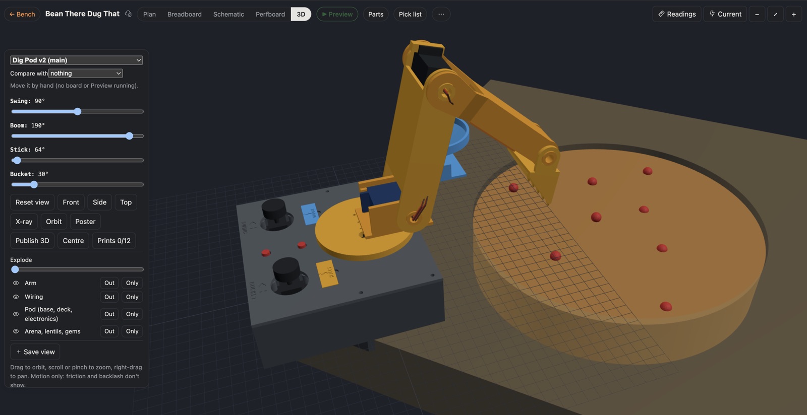 One Dig Pod in Bench's 3D view: a grey base with two joysticks and two red buttons, an orange arm on a turntable reaching over the pit, and the joint sliders for swing, boom, stick and bucket on the left