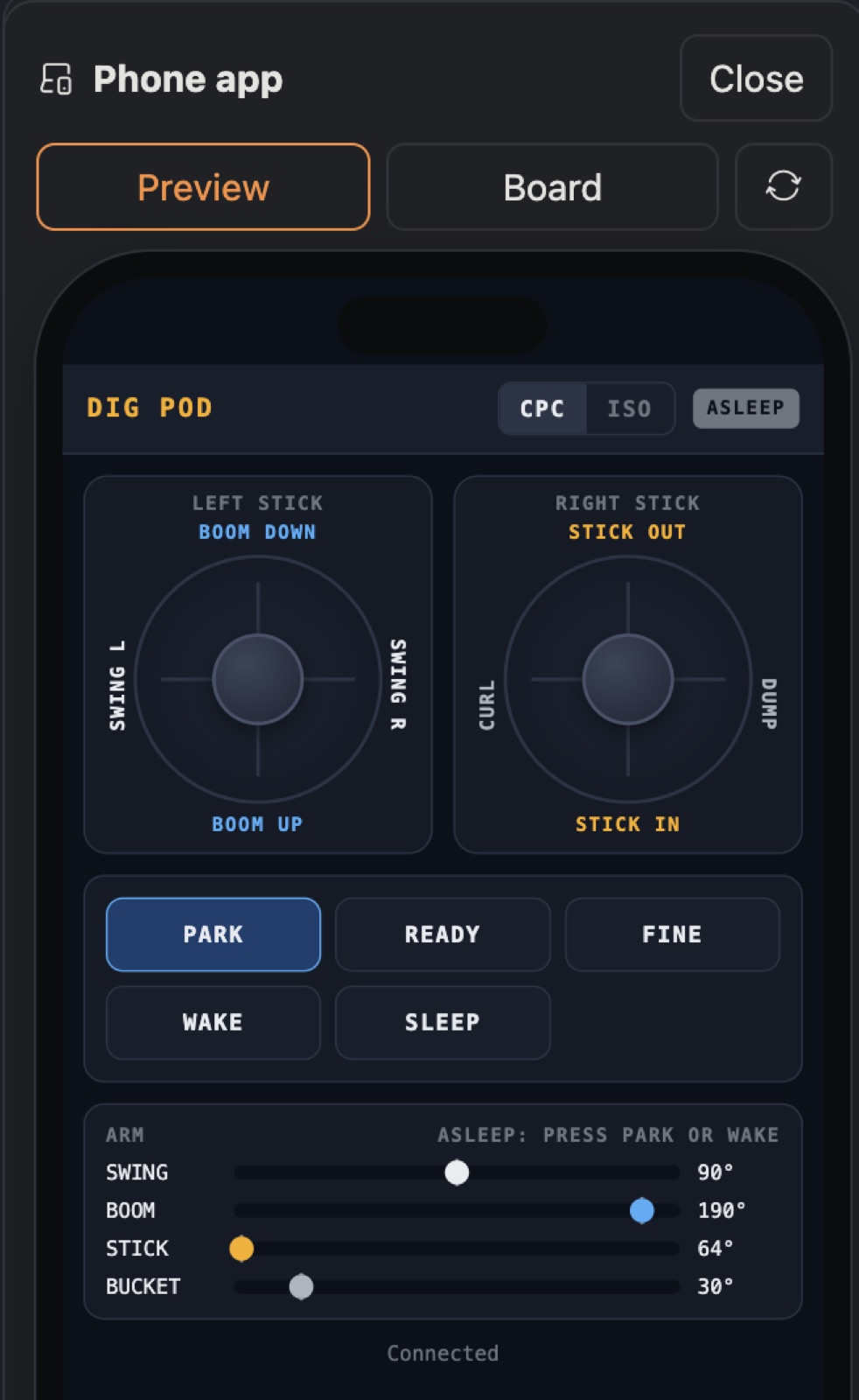 The Dig Pod's phone app in Bench's phone panel: two round touch sticks labelled BOOM DOWN / UP, SWING L / R, STICK OUT / IN and CURL / DUMP, buttons for Park, Ready, Fine, Wake and Sleep, and four bars showing the joints