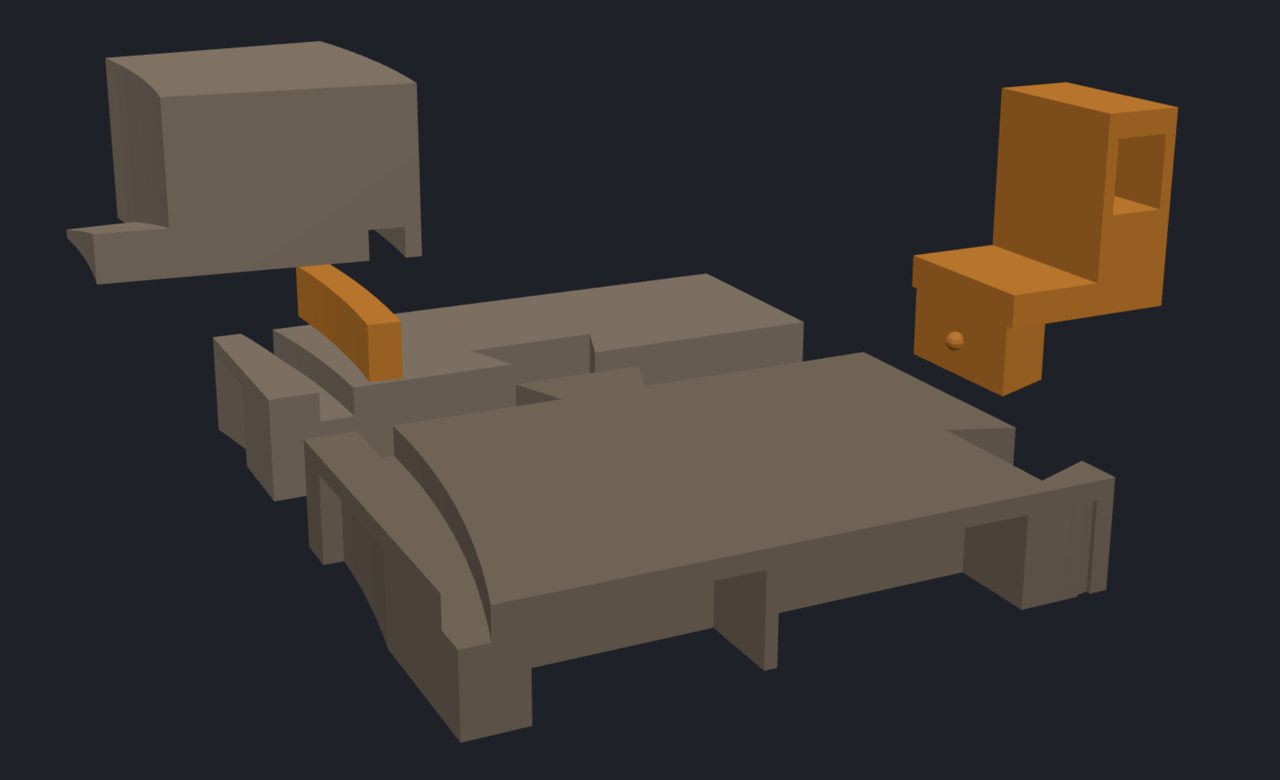 The seam test piece exploded: two small tile corners with a dovetail finger and a socket, a short curved piece of rim wall above, an orange spline, and an orange plug with a finger loop and a small bump
