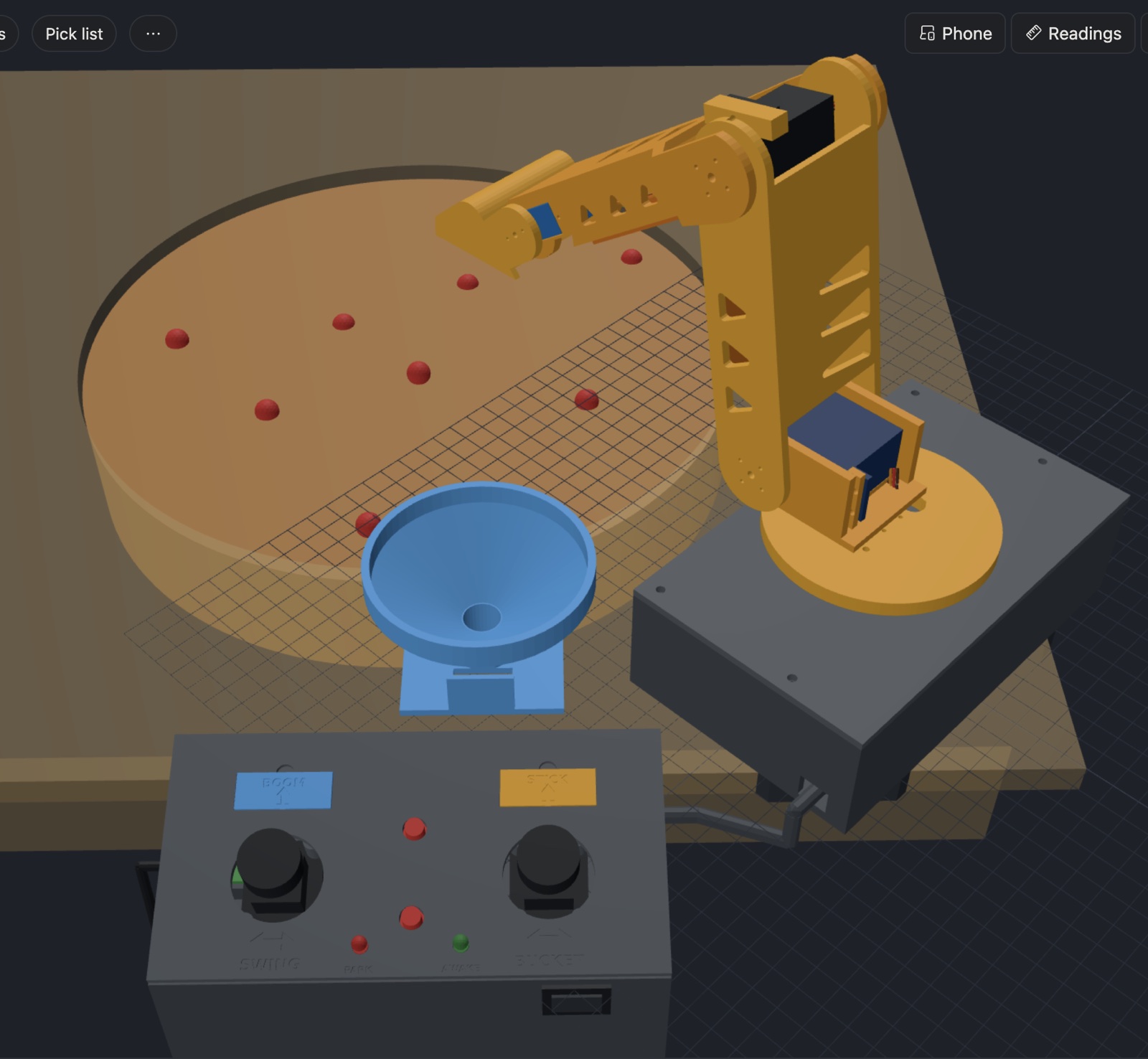 One corner of the earlier version: a grey pod box at the corner, a blue hopper on a stand, and a separate control console hanging off the table edge, all at different angles