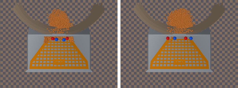 The bin from directly above, before and after. Left: the grate as first designed, with lentils packed along its low end around the four gems. Right: with the slot, the grate is clear and the four gems sit in a row at its low end; in both, a heap of lentils lies in the pit below the notch