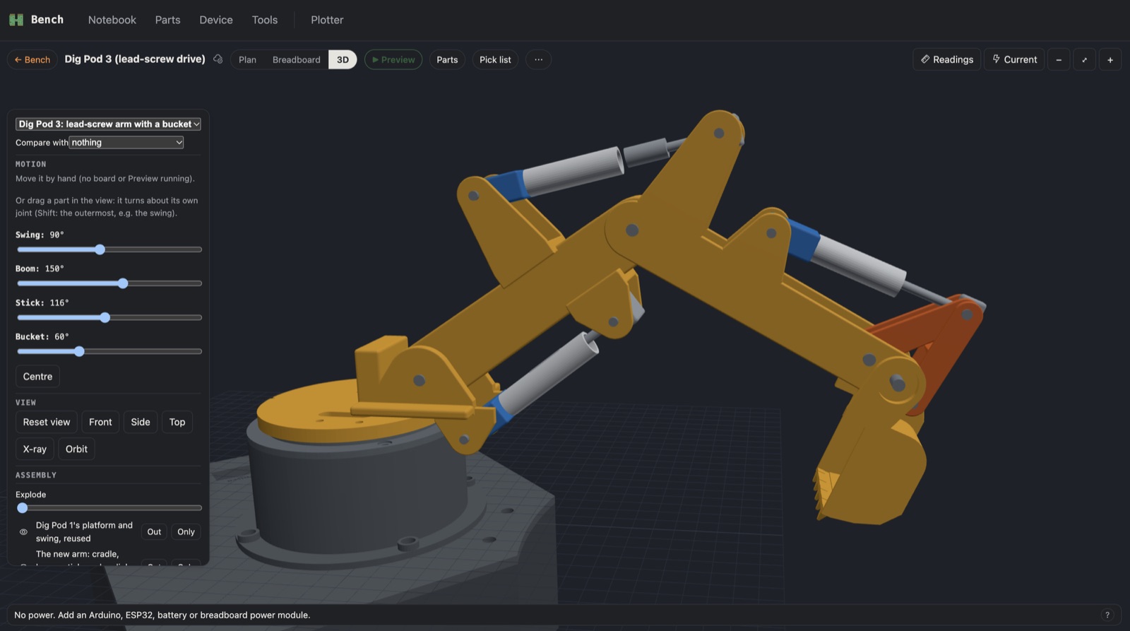The mounts built into the arm's plates, with the stick's top extending past its pivot